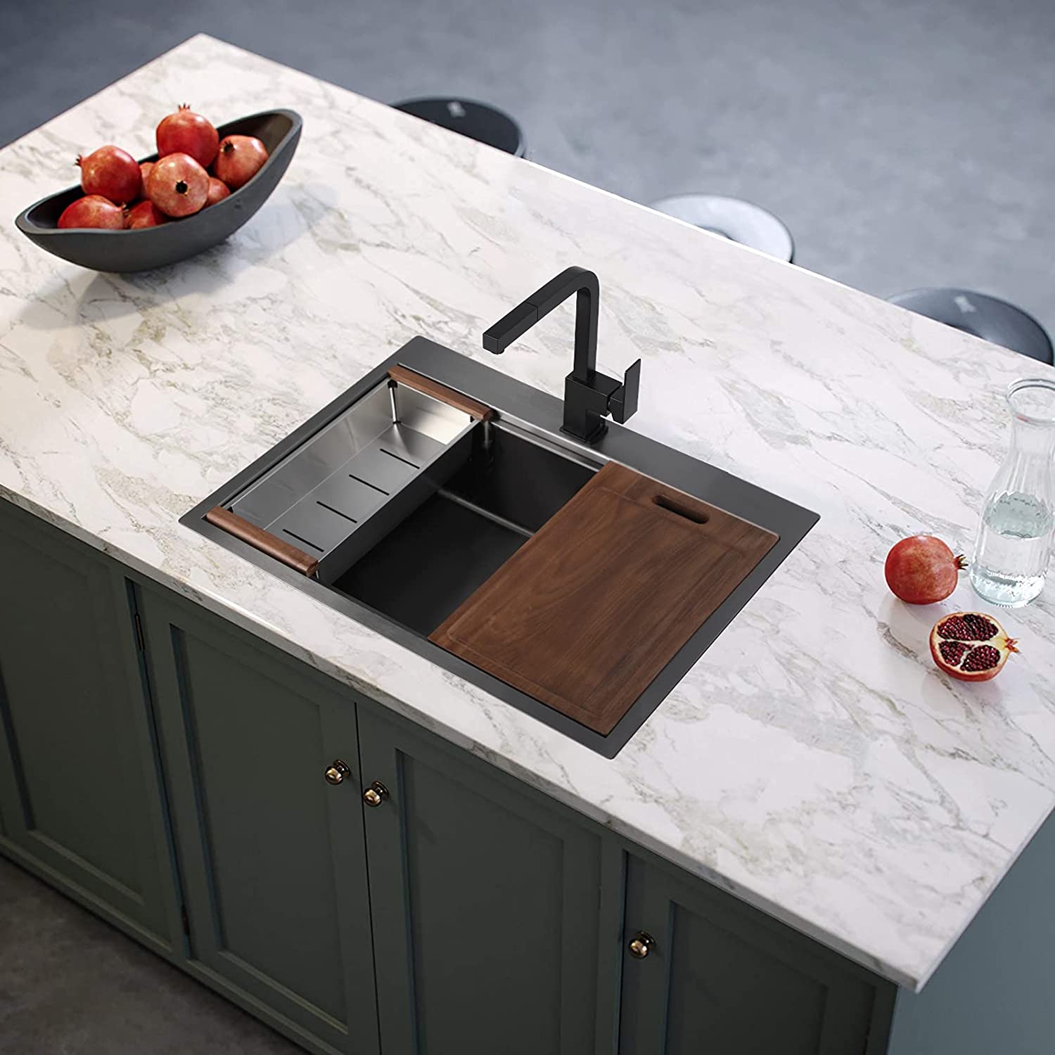 27" X 22" Drop in Workstation  Stainless Steel Kitchen Sink, Drop in Sink, Topmount Single Bowl Sinkwith All Sink Accessories, Gunmetal Black