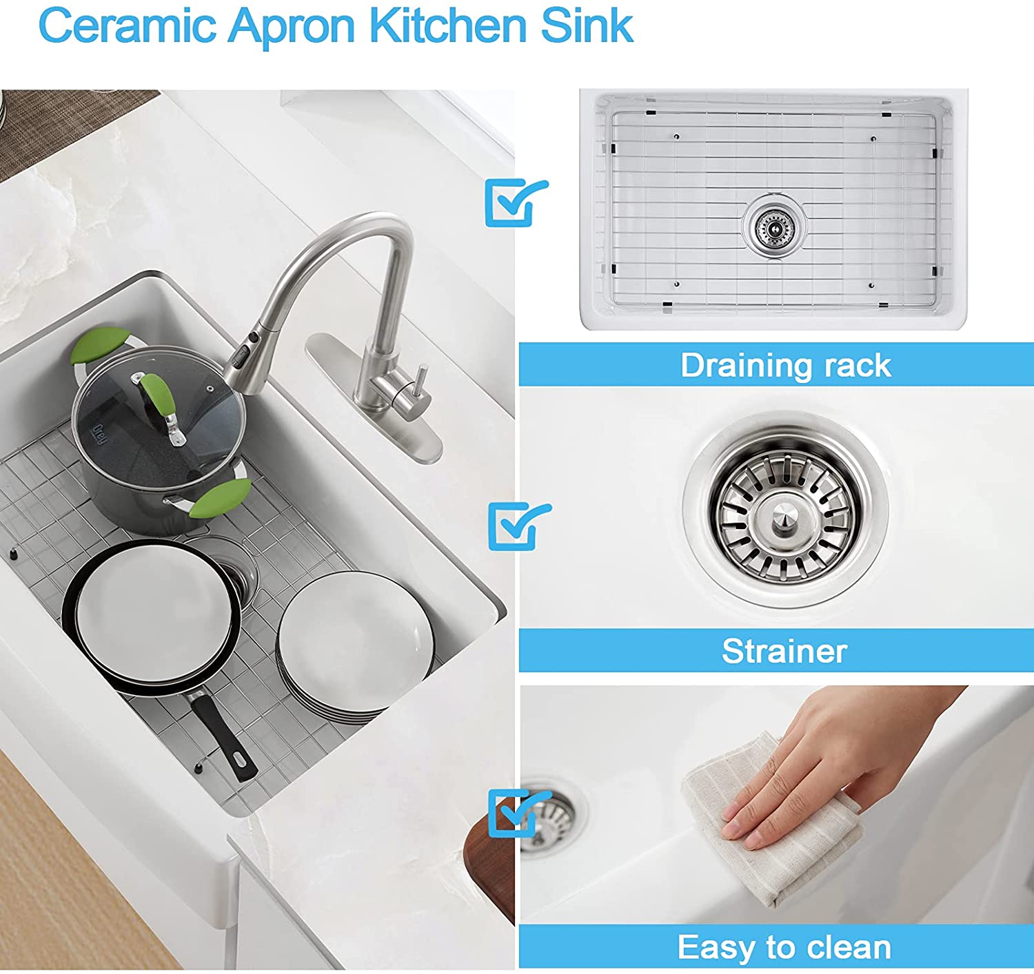 33" X 21" Farmhouse Sink, Fireclay Ceramic Single Bowl Kitchen Sink, White Apron Sink with Protective Bottom Grid and Strainer