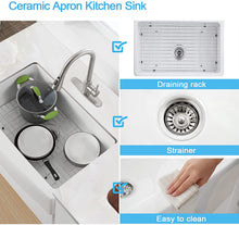Load image into Gallery viewer, 33&quot; X 21&quot; Farmhouse Sink, Fireclay Ceramic Single Bowl Kitchen Sink, White Apron Sink with Protective Bottom Grid and Strainer
