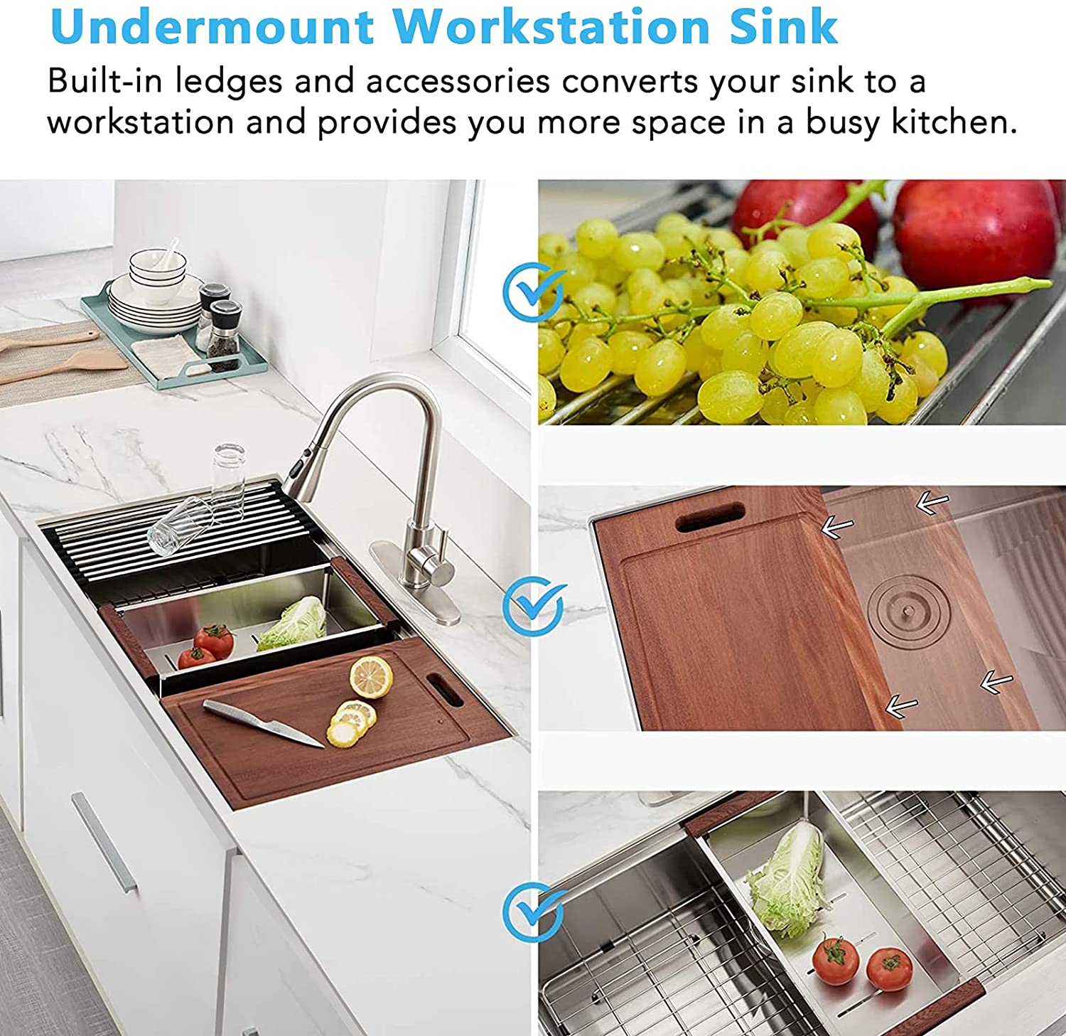 30 x 19 x 9 inch Undermount Kitchen Sink, Workstation Ledge 18 Gauge Stainless Steel Sink Modern Single Bowl Kitchen Sink