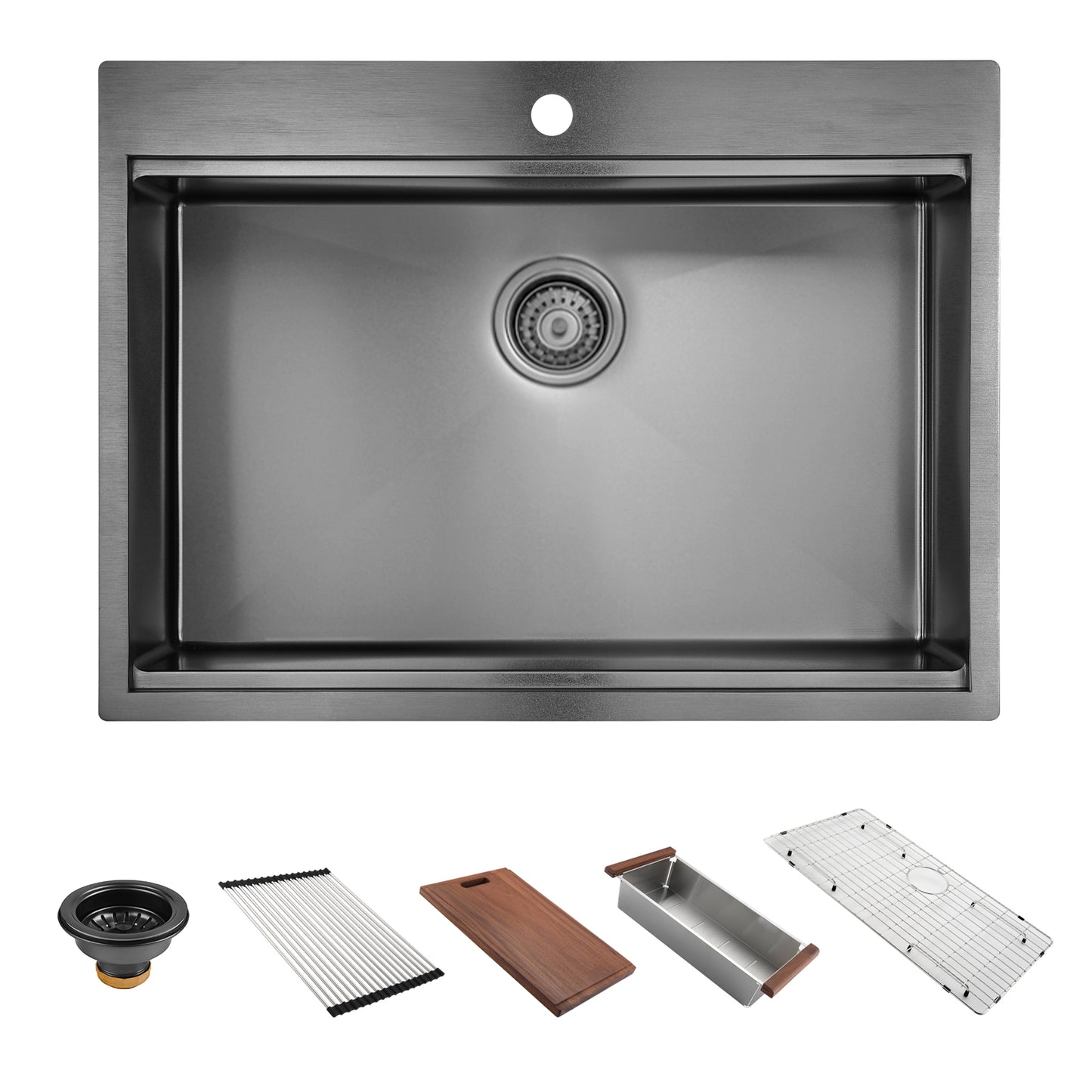 30 inch Drop in Top mount Workstation, Stainless Steel Kitchen Sink, Single Bowl Sink with Accessories, Gunmetal Black