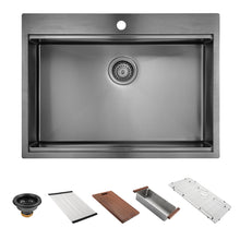 Load image into Gallery viewer, 30 inch Drop in Top mount Workstation, Stainless Steel Kitchen Sink, Single Bowl Sink with Accessories, Gunmetal Black
