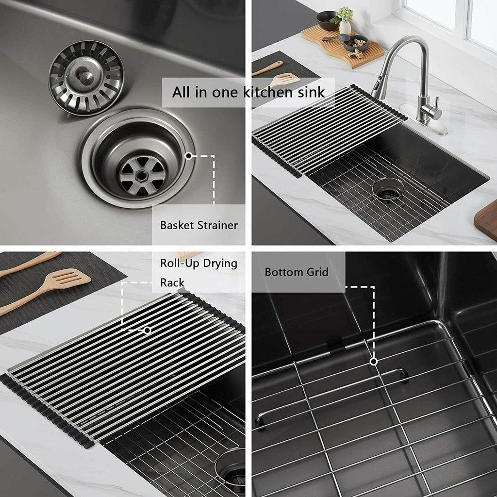 33" x 21" Gunmetal Black Single Bowl Stainless Steel Undermount Kitchen Sink (16 Gauge) ｜ALWEN