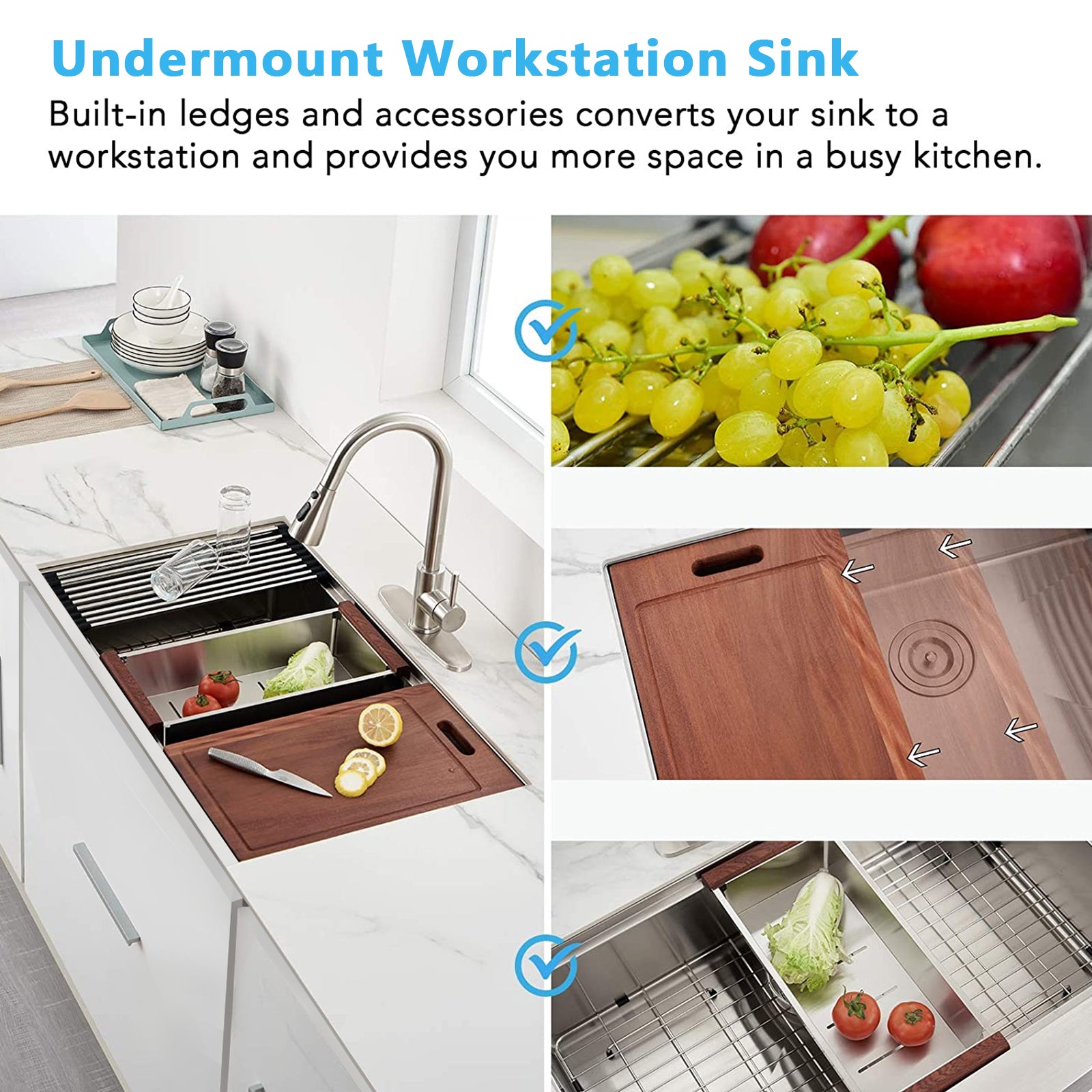 30" x 19" Single Bowl Stainless Steel Undermount Workstation Kitchen Sink (18 Gauge) ｜ALWEN