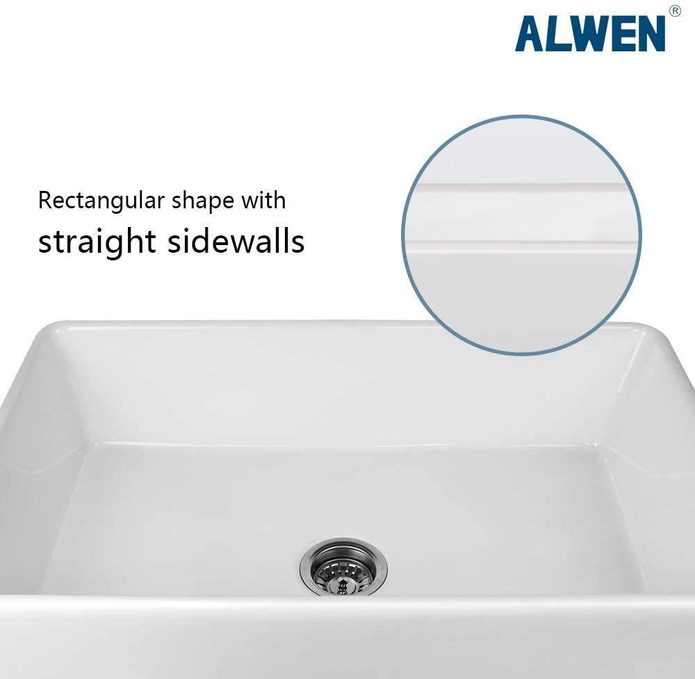 24“ x 16” White Ceramic Farmhouse Kitchen Sink ｜ALWEN