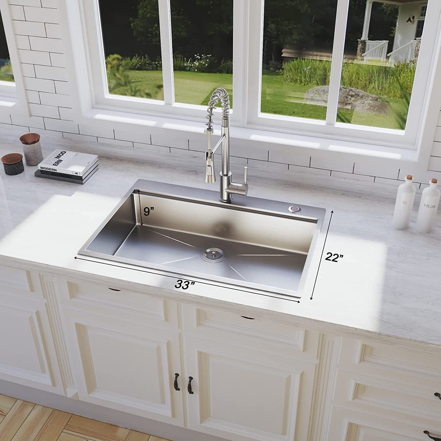 33 inch Drop-in Kitchen Sink, Handmade Drop In Workstation Sink Topmount Kitchen Sink Stainless Steel 18 Gauge Modern Single Bowl Kitchen Sink with Ledge and Accessories ( Pack of 5 )