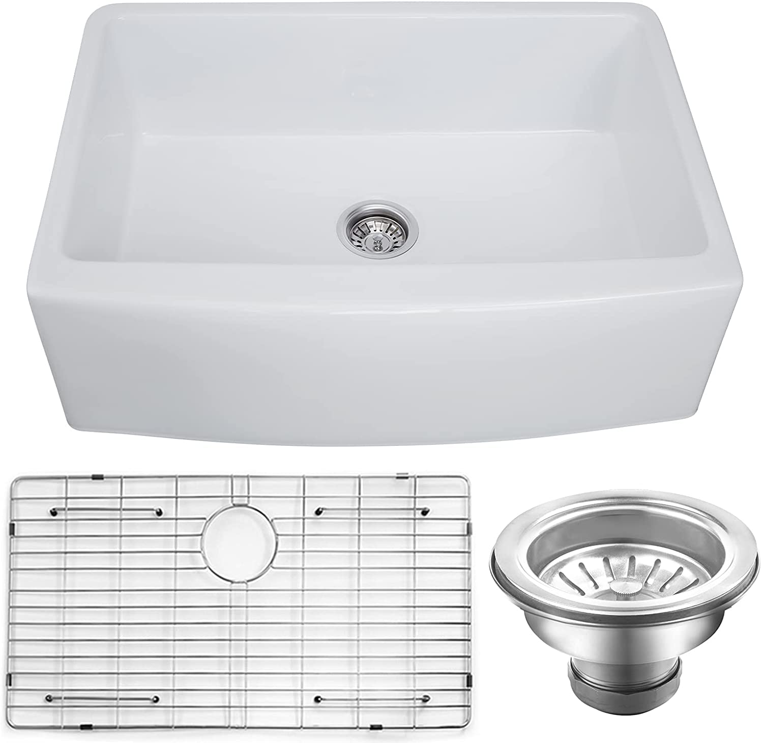 33" X 21" Farmhouse Sink, Fireclay Ceramic Single Bowl Kitchen Sink, White Apron Sink with Protective Bottom Grid and Strainer