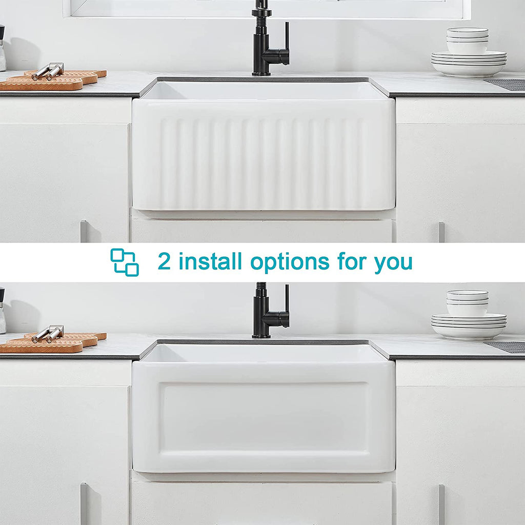 24 X18 inch Ceramic Kitchen Sink, White Reversible Sink, Single Bowl Kitchen Sink with Bottom Grid and Basket Strainer