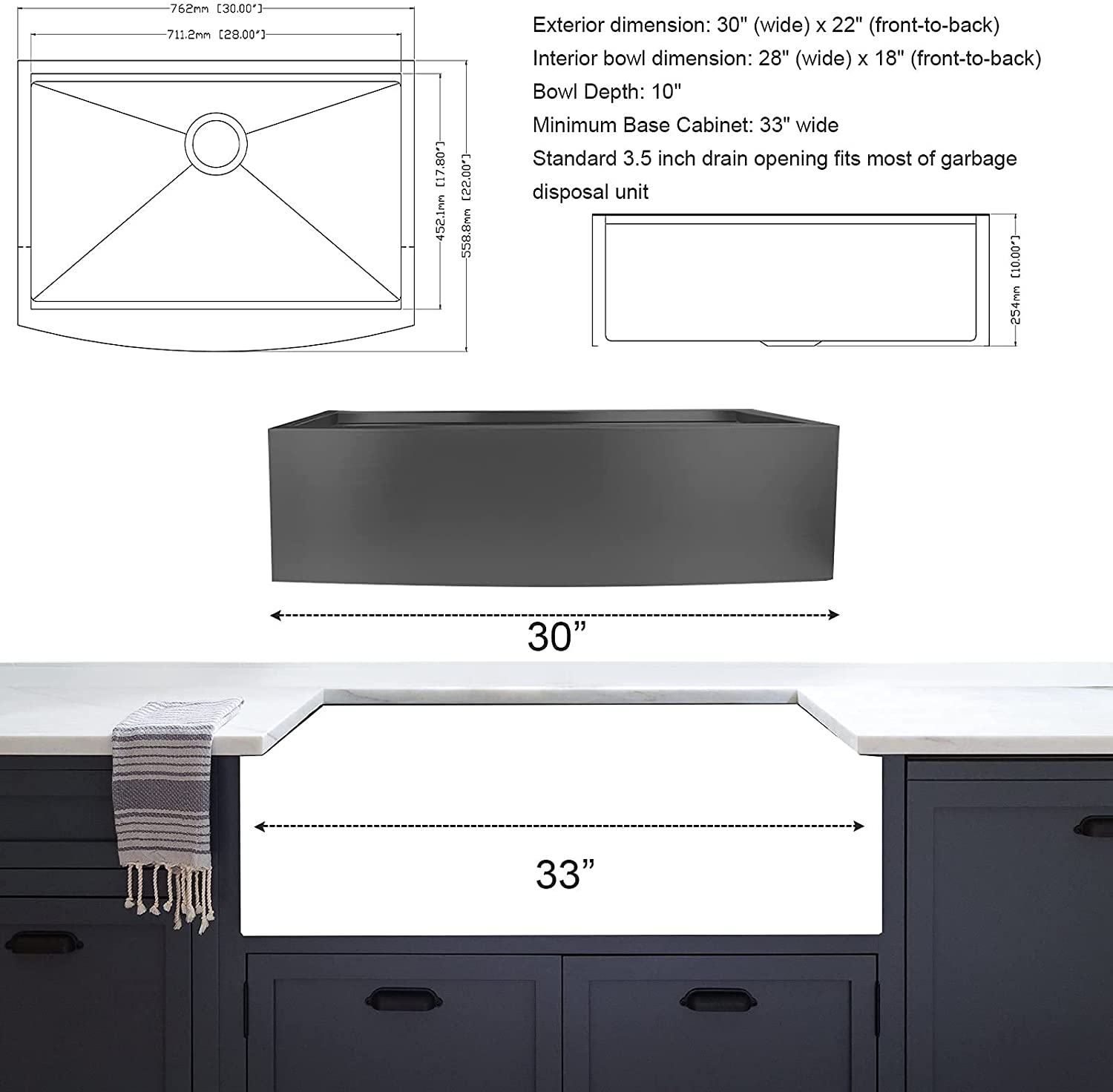 30" X 22" Gunmetal Black Single Bowl Stainless Steel Workstation Farmhouse Kitchen Sink (16 Gauge)