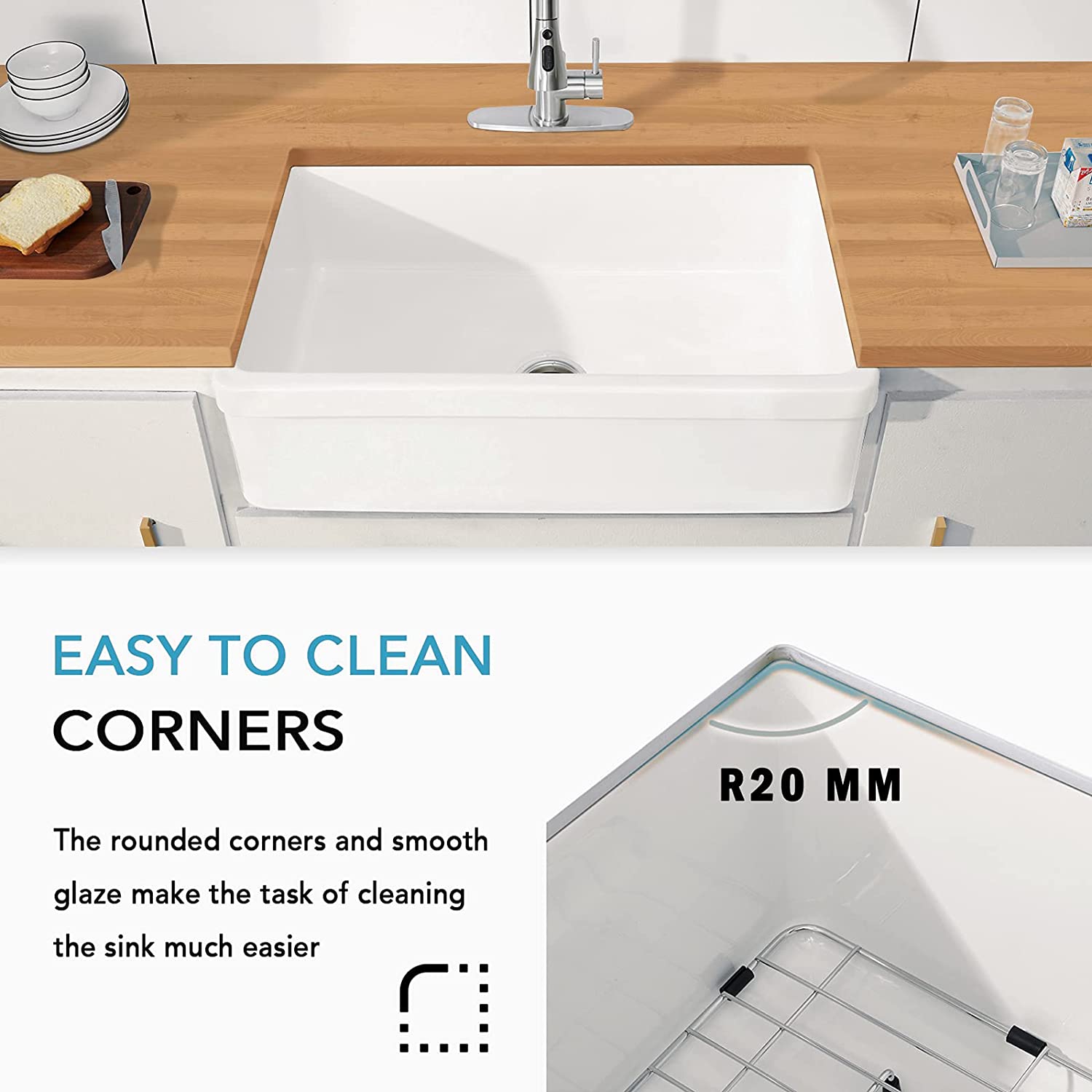 30“ x 20” x 10“ White Ceramic Kitchen Sink ｜ALWEN