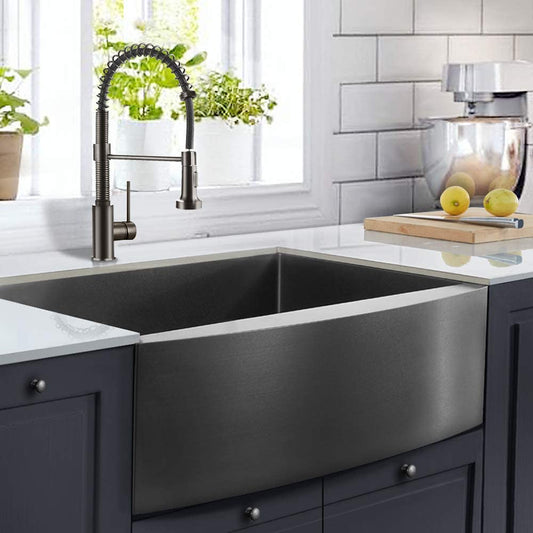 30" X 21" Gunmetal Black Single Bowl Stainless Steel Farmhouse Kitchen Sink (16 Gauge) ｜ALWEN