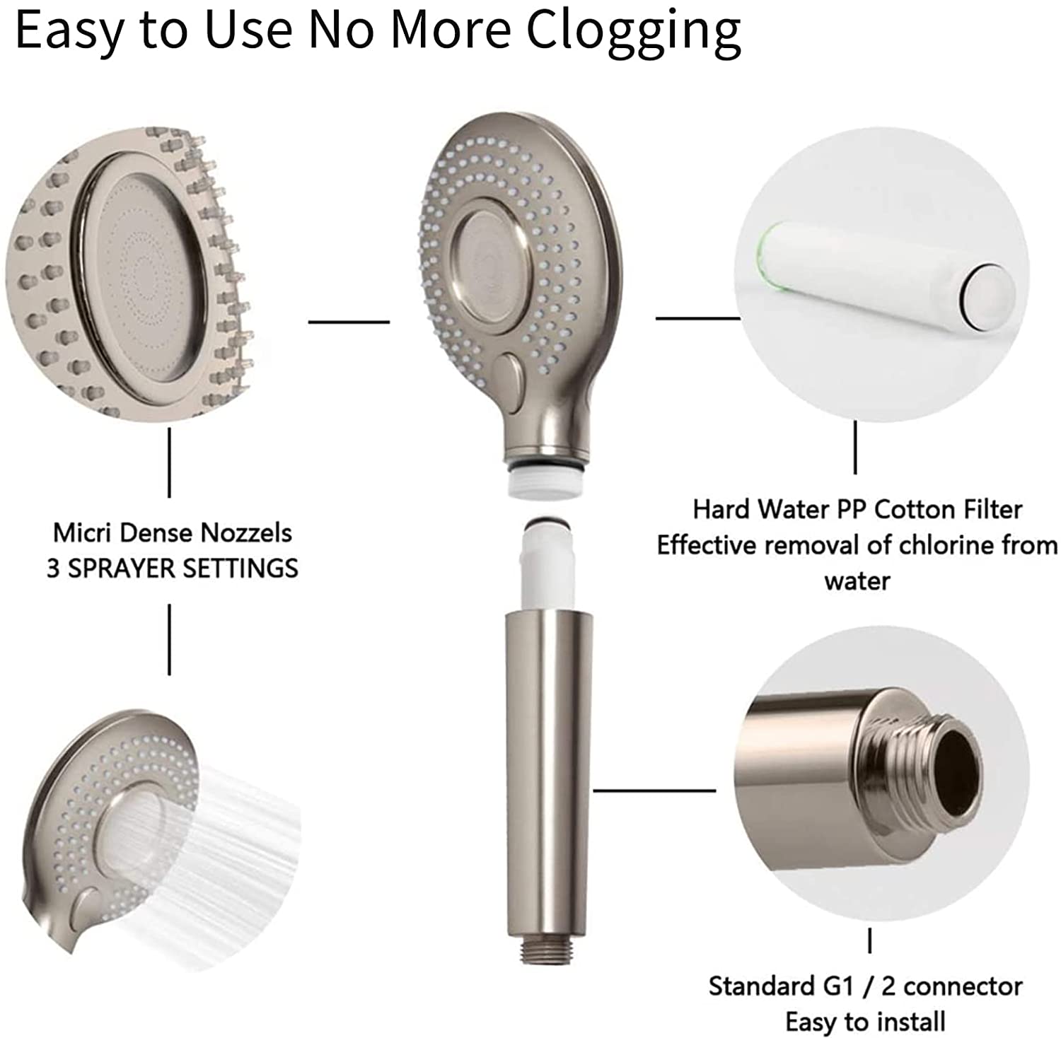 High Pressure Handheld Shower Head with PP Cotton Filter-3 Function Brushed Nickel