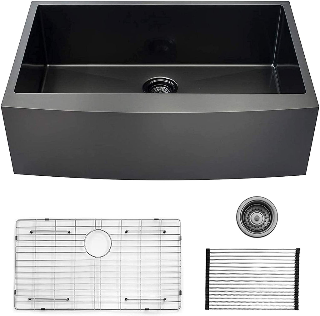 30" X 21" Gunmetal Black Single Bowl Stainless Steel Farmhouse Kitchen Sink (16 Gauge) ｜ALWEN