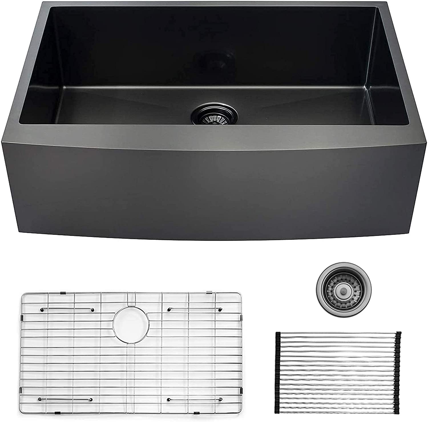30" X 21" Gunmetal Black Single Bowl Stainless Steel Farmhouse Kitchen Sink (16 Gauge) ｜ALWEN