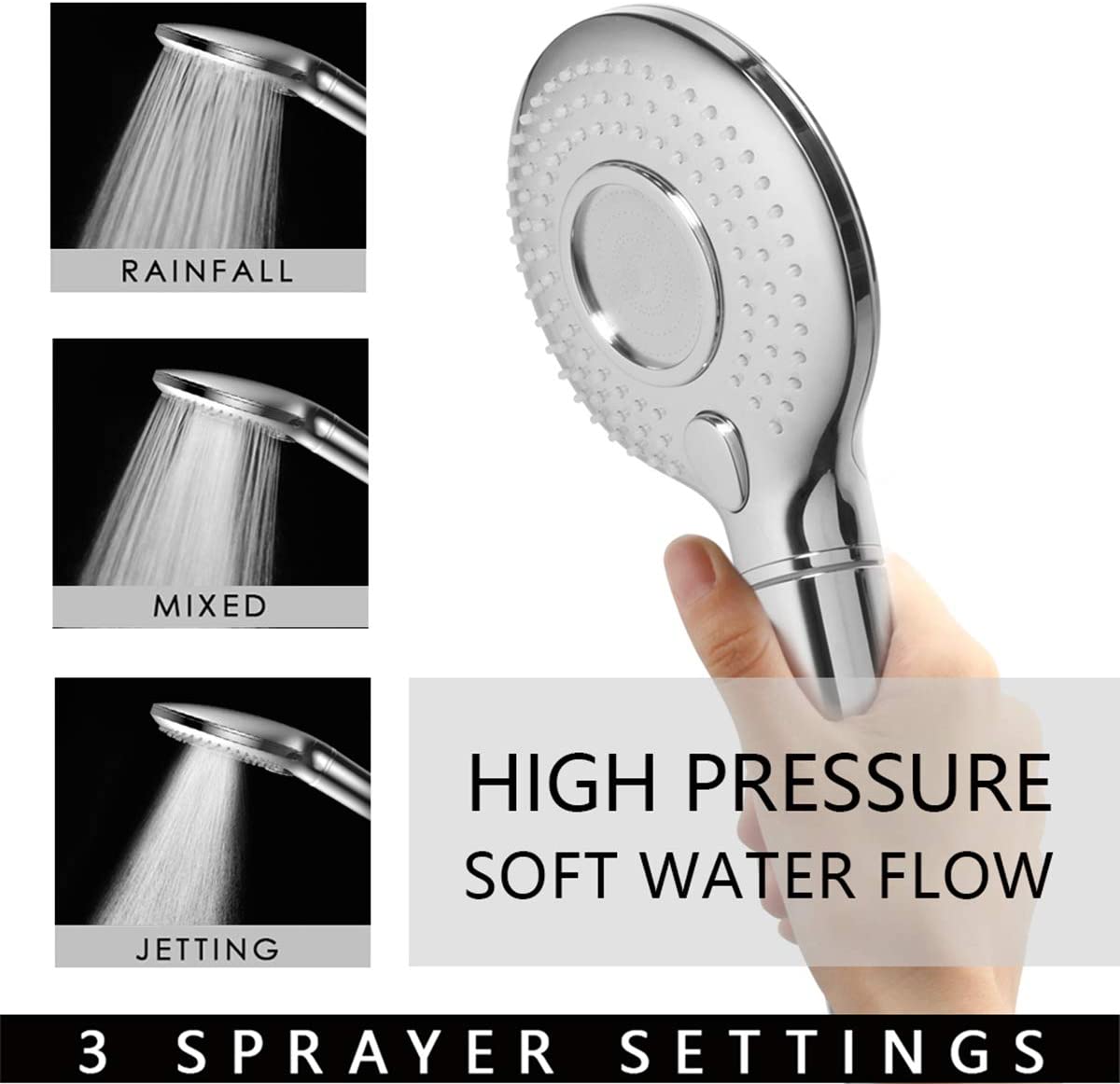 High Pressure Handheld Shower Head with PP Cotton Filter-3 Function Chrome