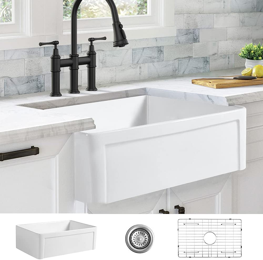 30“ x 20” x 10" White Ceramic Farmhouse Kitchen Sink ｜ALWEN