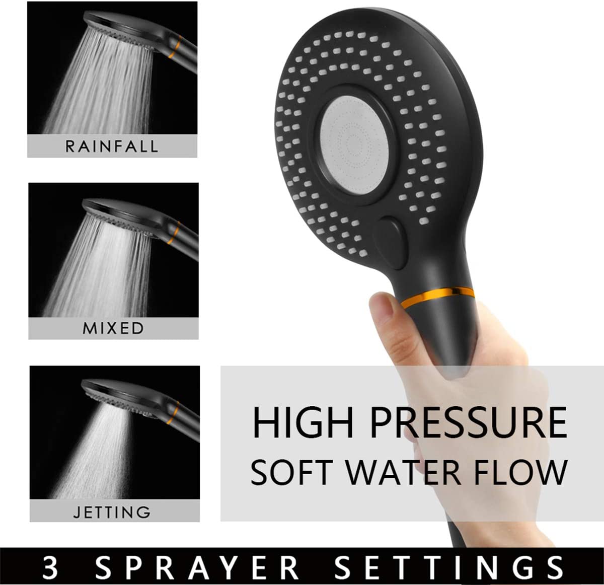 High Pressure Handheld Shower Head with PP Cotton Filter-3 Function Matte Black