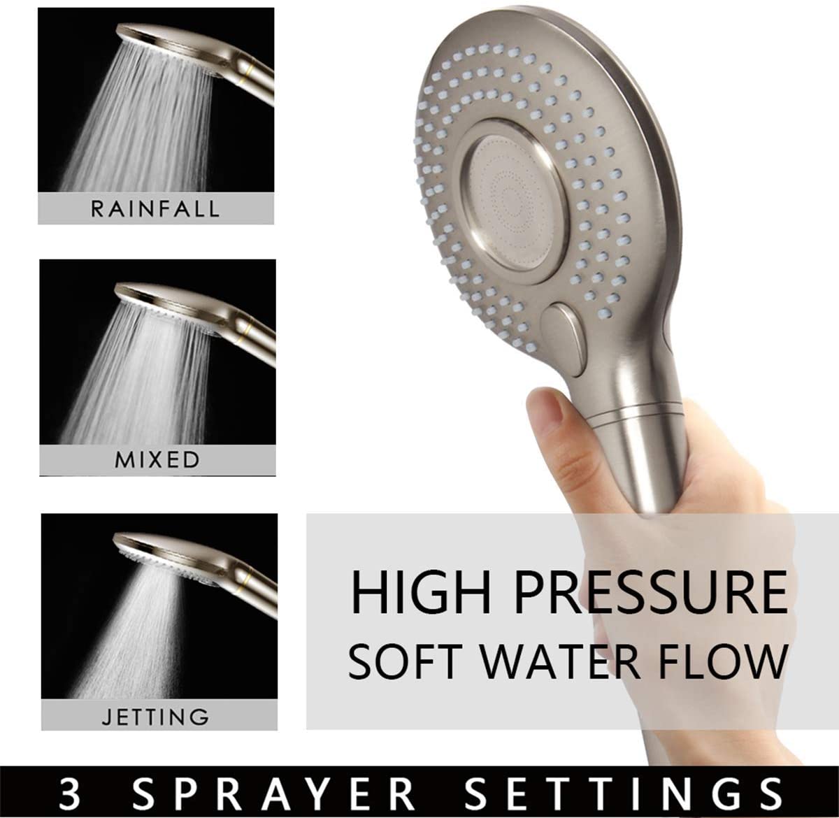 High Pressure Handheld Shower Head with PP Cotton Filter-3 Function Brushed Nickel