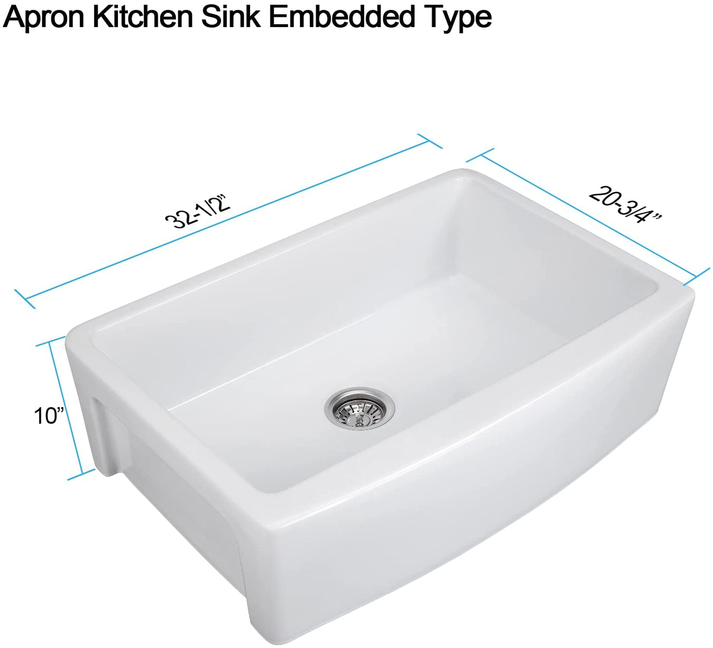 33" X 21" Farmhouse Sink, Fireclay Ceramic Single Bowl Kitchen Sink, White Apron Sink with Protective Bottom Grid and Strainer
