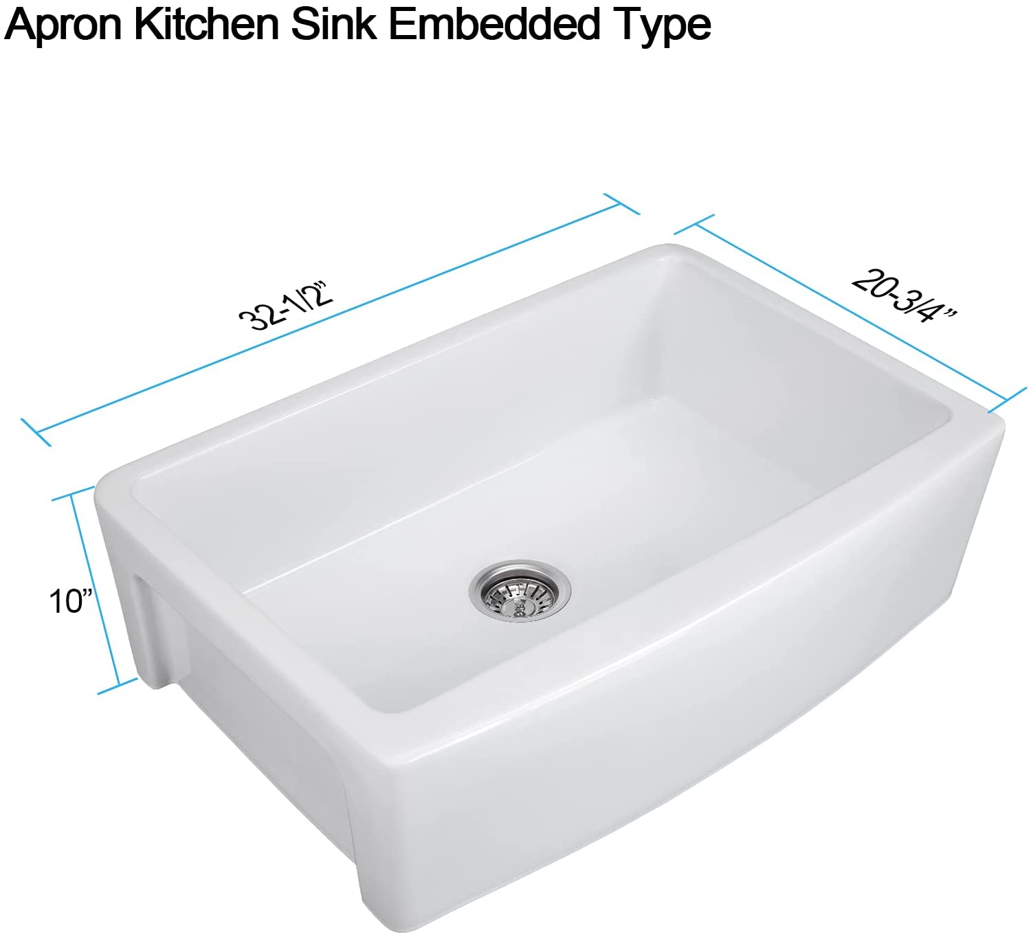 33" X 21" Farmhouse Sink, Fireclay Ceramic Single Bowl Kitchen Sink, White Apron Sink with Protective Bottom Grid and Strainer