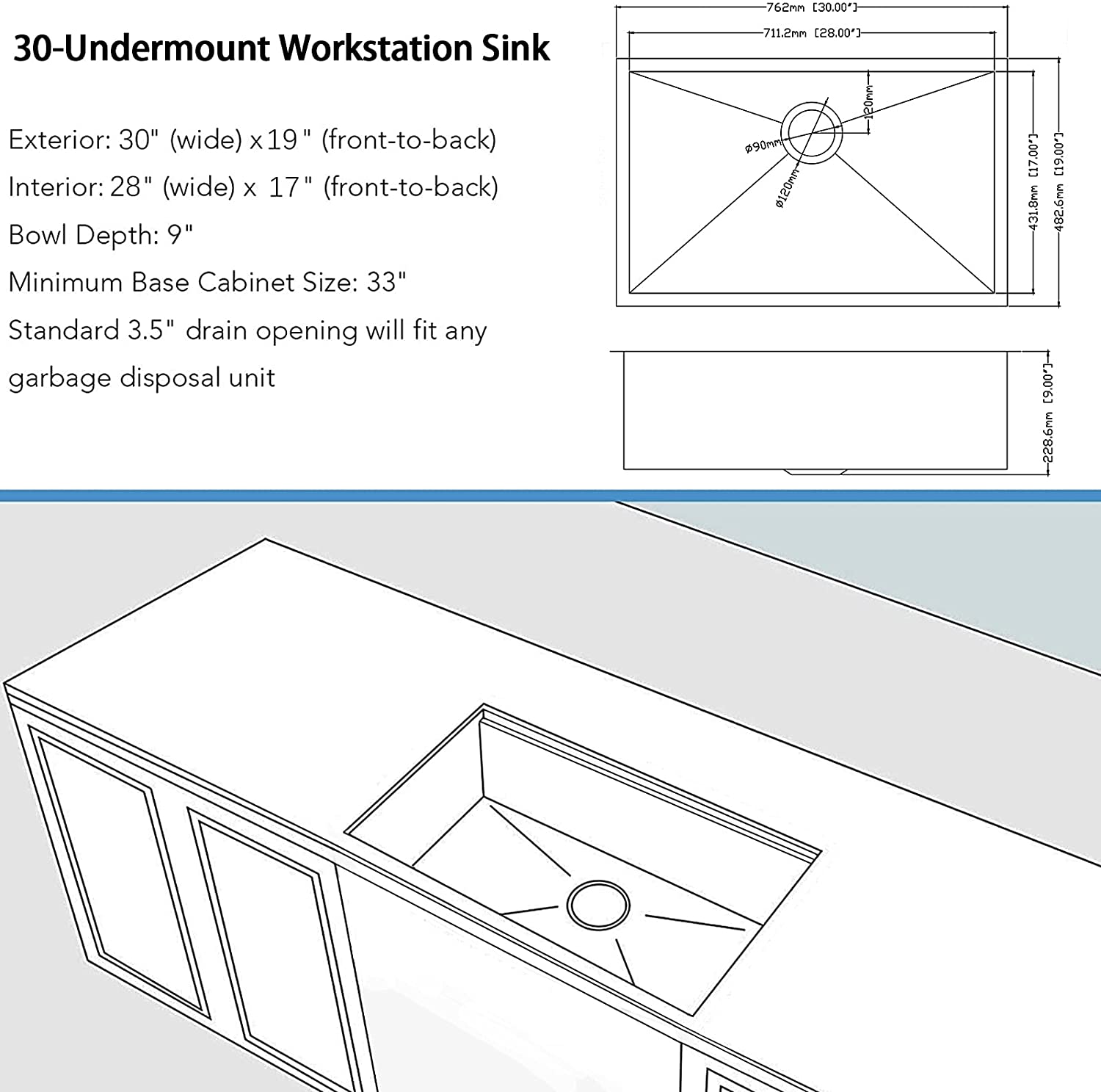 30 x 19 x 9 inch Undermount Kitchen Sink, Workstation Ledge 18 Gauge Stainless Steel Sink Modern Single Bowl Kitchen Sink