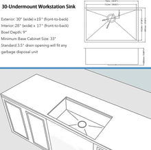 Load image into Gallery viewer, 30 x 19 x 9 inch Undermount Kitchen Sink, Workstation Ledge 18 Gauge Stainless Steel Sink Modern Single Bowl Kitchen Sink
