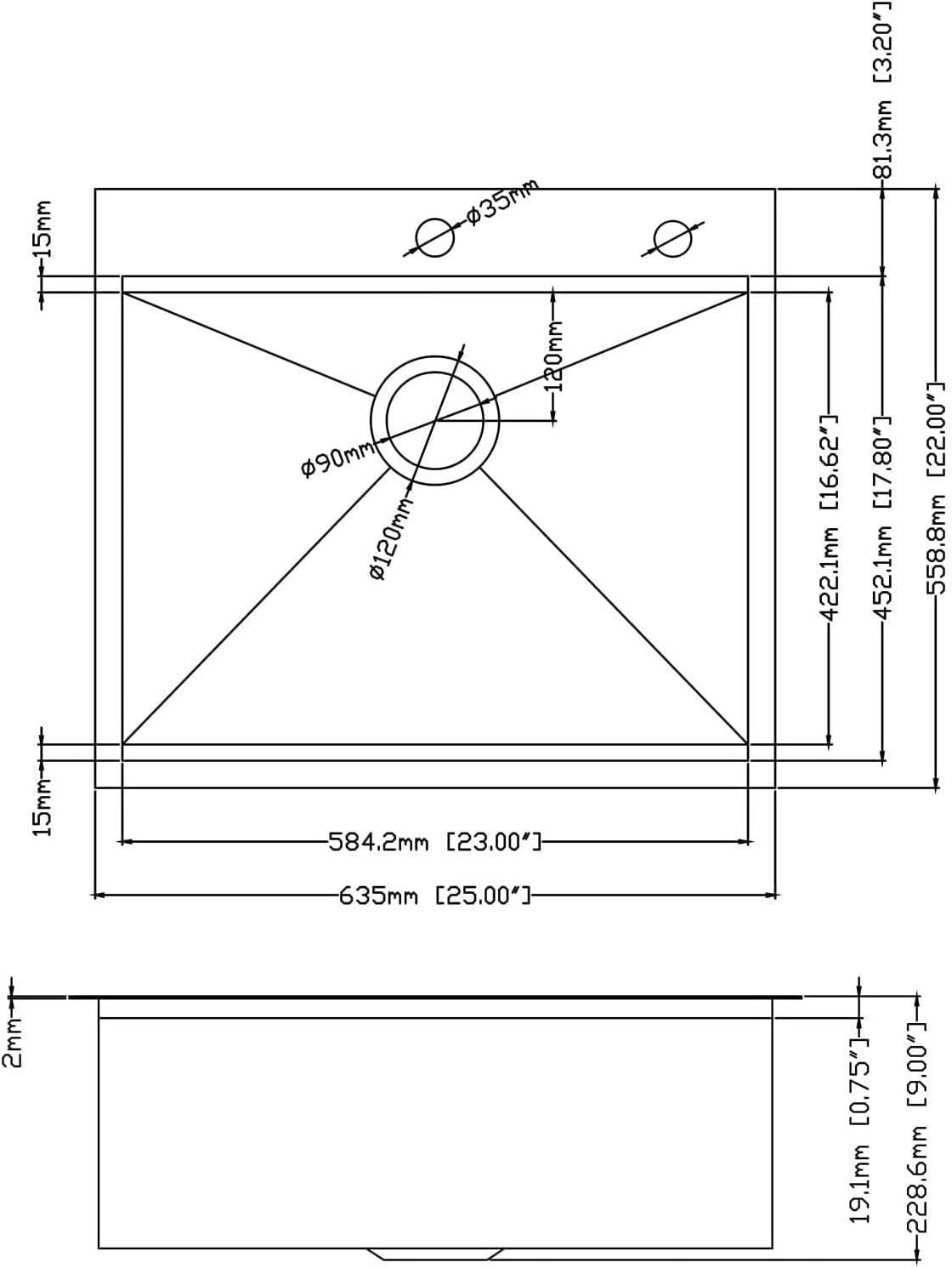 25" x 22" Single Bowl Stainless Steel Drop In Kitchen Sink (18 Gauge) ｜ALWEN