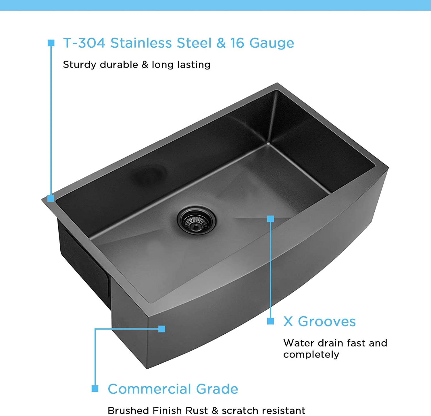 33" X 21" Gunmetal Black Single Bowl Stainless Steel Farmhouse Kitchen Sink (16 Gauge) ｜ALWEN