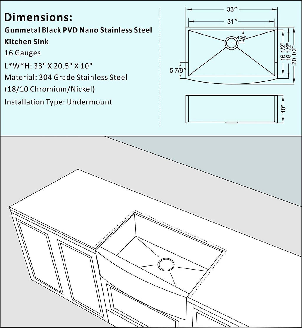 33" X 21" Gunmetal Black Single Bowl Stainless Steel Farmhouse Kitchen Sink (16 Gauge) ｜ALWEN