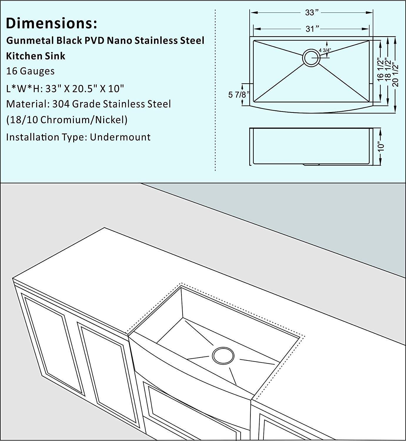 33" X 21" Gunmetal Black Single Bowl Stainless Steel Farmhouse Kitchen Sink (16 Gauge) ｜ALWEN