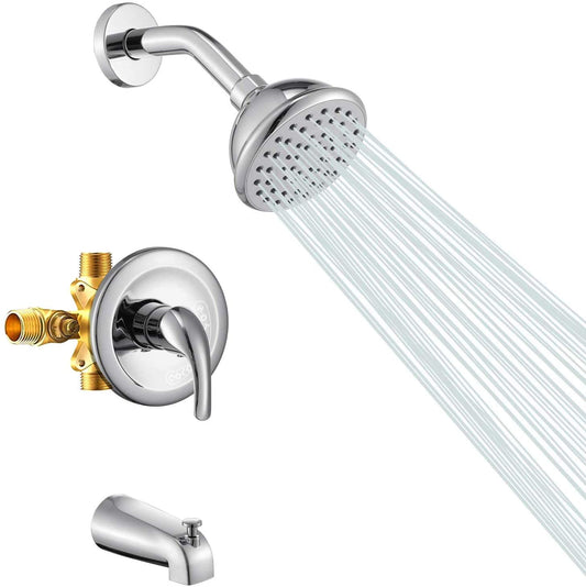 Chrome 4 Inch Shower Faucet wih Tub Spout Combo (Valve Included) ｜ALWEN