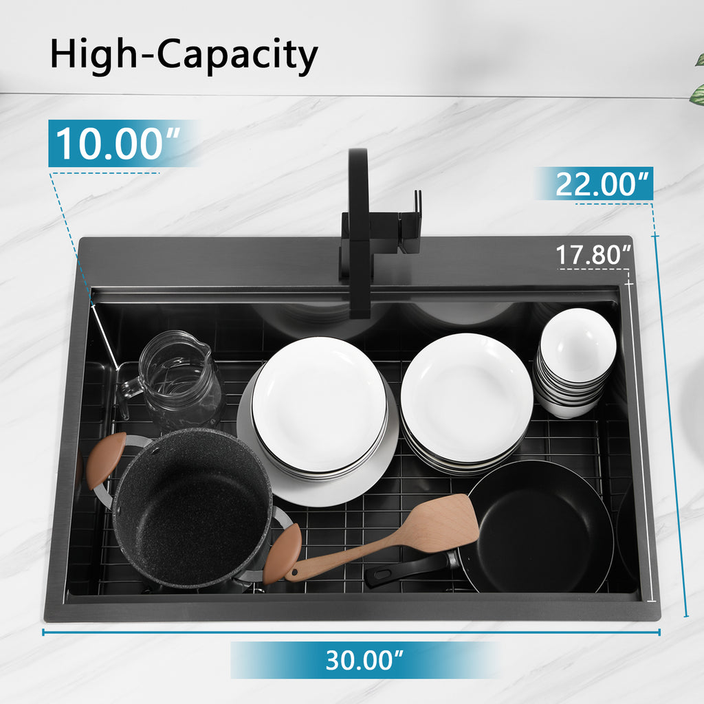30 inch Drop in Top mount Workstation, Stainless Steel Kitchen Sink, Single Bowl Sink with Accessories, Gunmetal Black