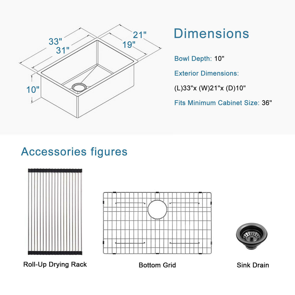 33" x 21" Gunmetal Black Single Bowl Stainless Steel Undermount Kitchen Sink (16 Gauge) ｜ALWEN