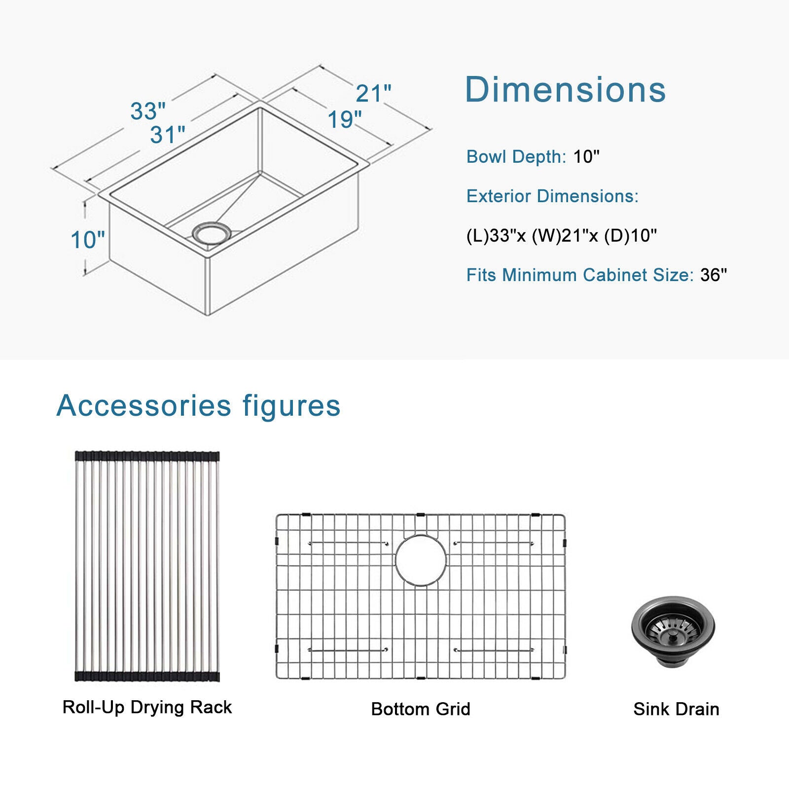 33" x 21" Gunmetal Black Single Bowl Stainless Steel Undermount Kitchen Sink (16 Gauge) ｜ALWEN