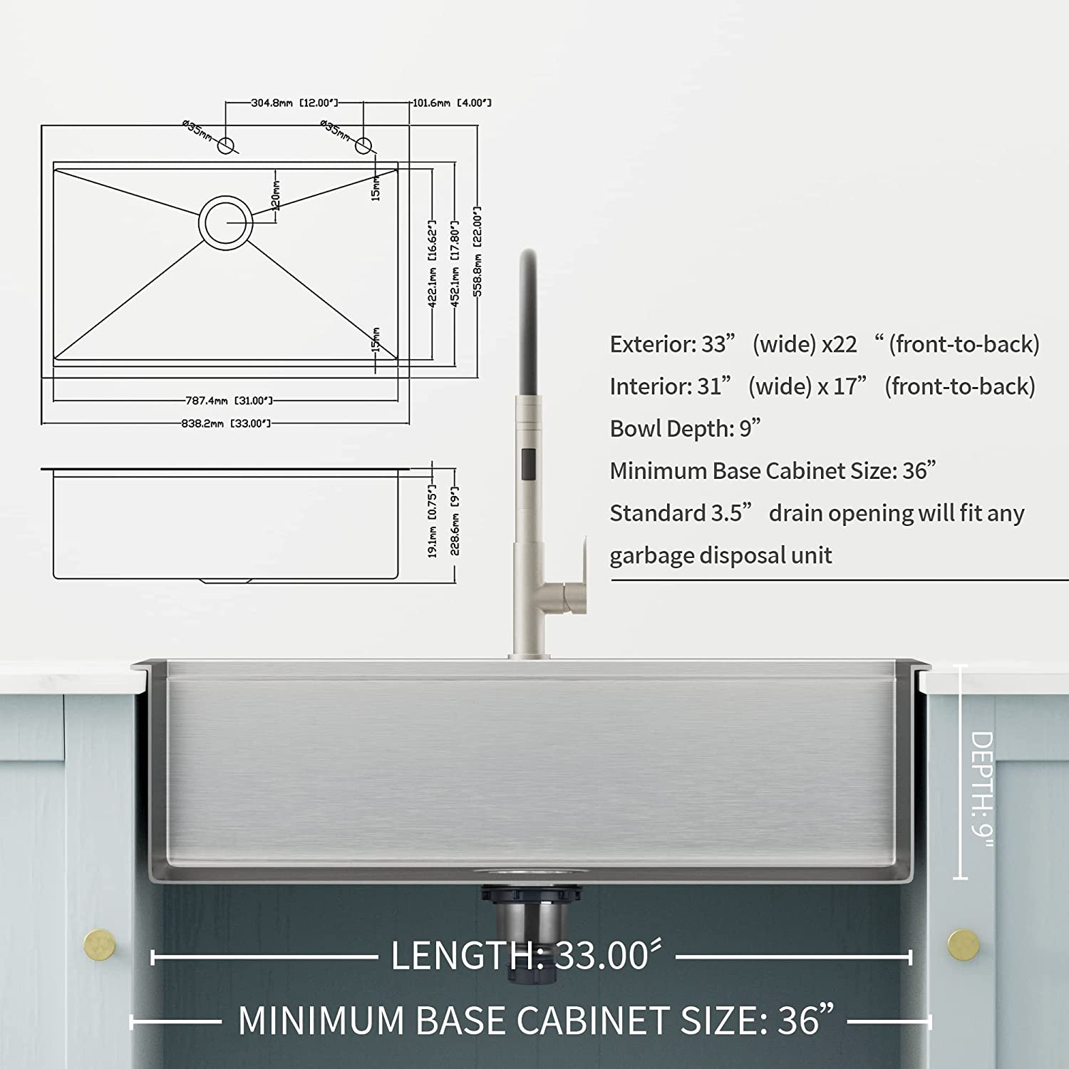 33 inch Drop-in Kitchen Sink, Handmade Drop In Workstation Sink Topmount Kitchen Sink Stainless Steel 18 Gauge Modern Single Bowl Kitchen Sink with Ledge and Accessories ( Pack of 5 )