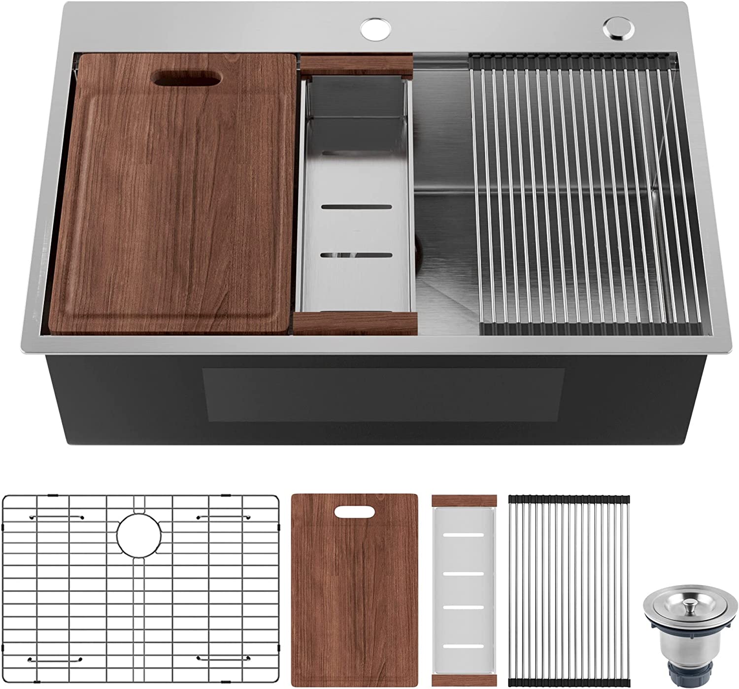33 inch Drop-in Kitchen Sink, Handmade Drop In Workstation Sink Topmount Kitchen Sink Stainless Steel 18 Gauge Modern Single Bowl Kitchen Sink with Ledge and Accessories ( Pack of 5 )