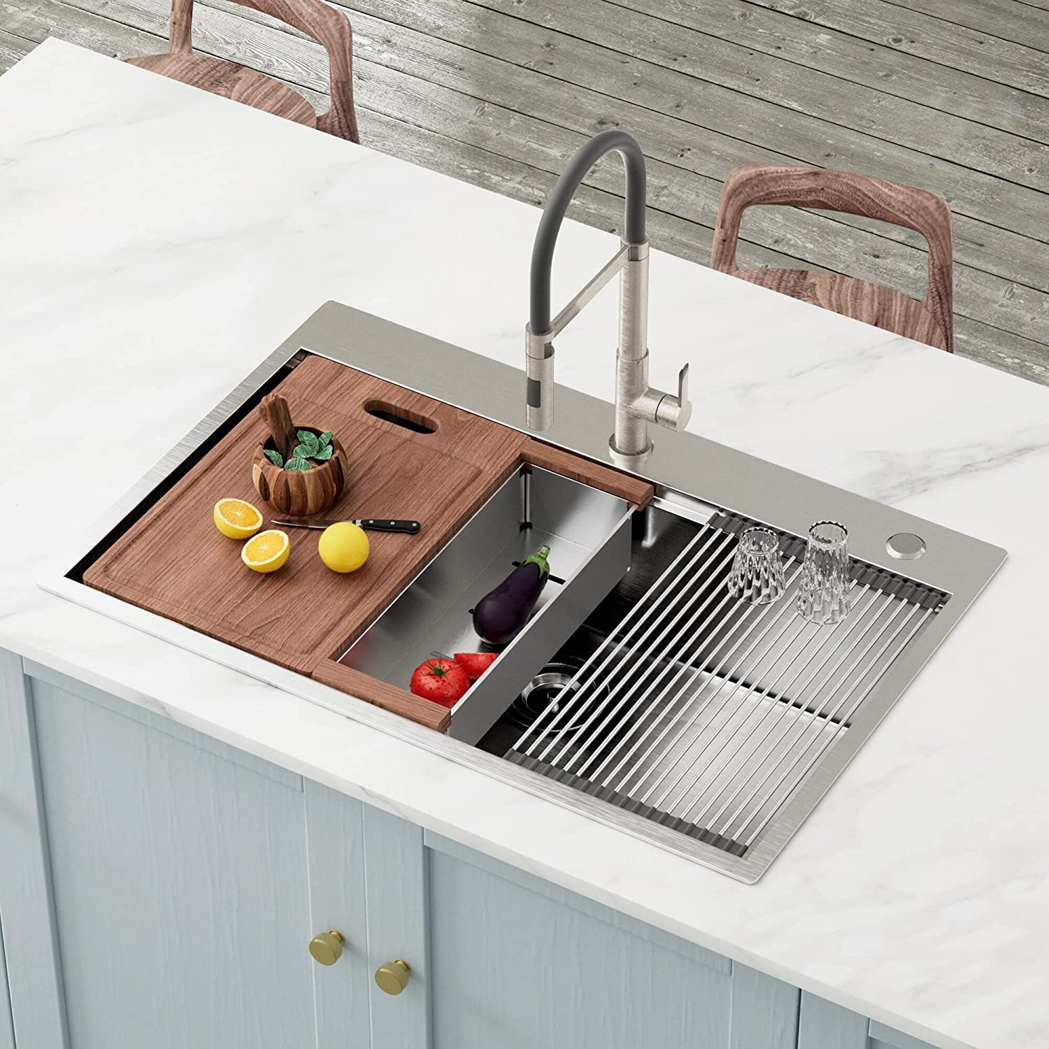 33 inch Drop-in Kitchen Sink, Handmade Drop In Workstation Sink Topmount Kitchen Sink Stainless Steel 18 Gauge Modern Single Bowl Kitchen Sink with Ledge and Accessories ( Pack of 5 )