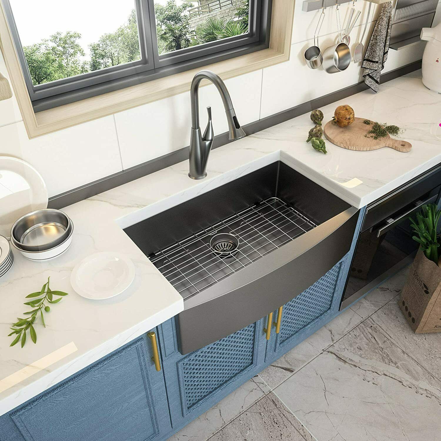 33" X 21" Gunmetal Black Single Bowl Stainless Steel Farmhouse Kitchen Sink (16 Gauge) ｜ALWEN