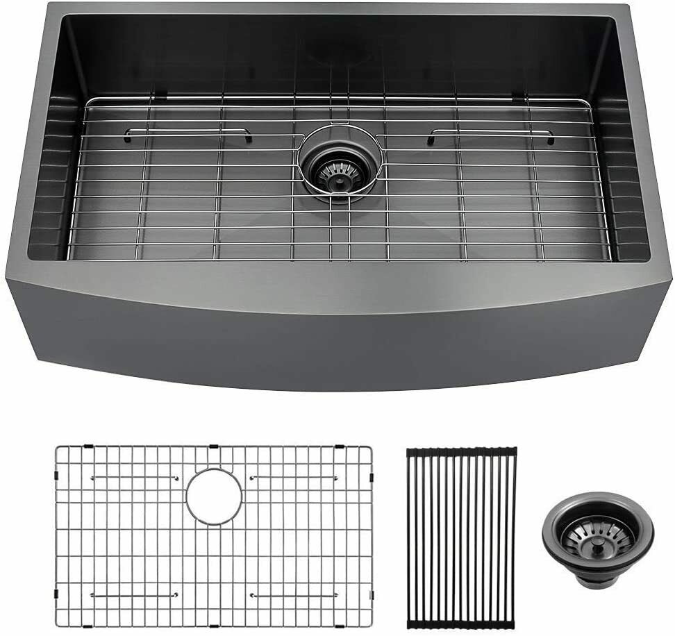 33" X 21" Gunmetal Black Single Bowl Stainless Steel Farmhouse Kitchen Sink (16 Gauge) ｜ALWEN